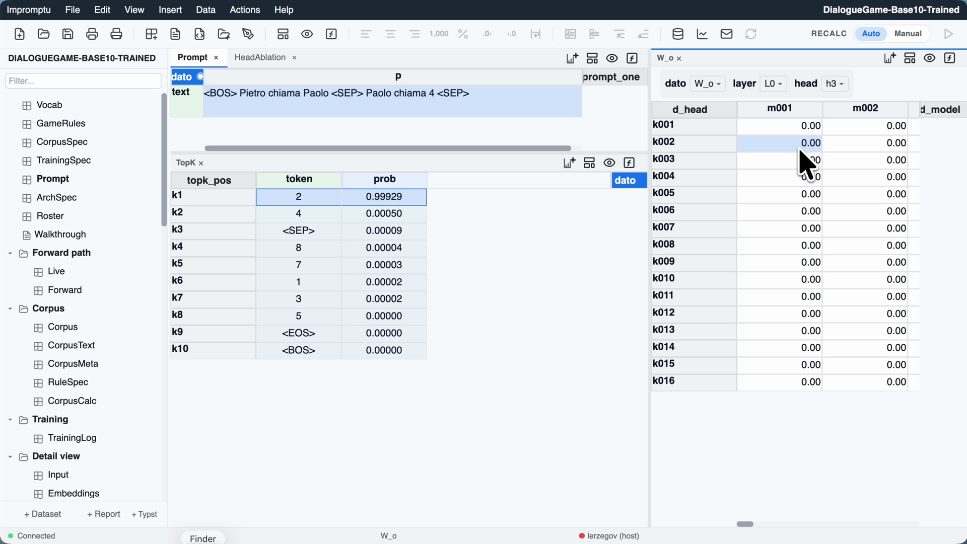 After. The same 1,024 cells, typed to zero. Nothing else was changed: no inference routine was called and no ablation feature invoked. Recalculation is live, so the whole chain has already recomputed. TopK now reads 2 at 0.99929, with 4 down to 0.00050. The prediction changed because a range of cells changed.